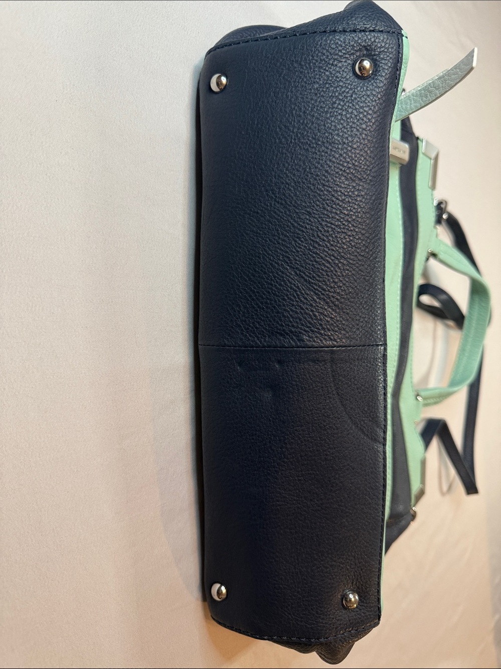 B Makowsky Mint and Navy Leather Top-Handle Satchel - Picture 7 of 8